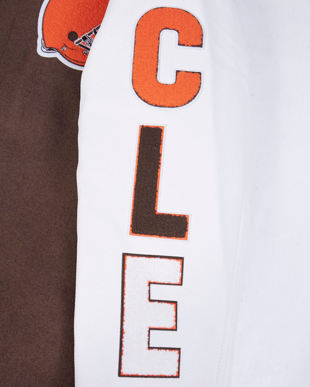 NFL CLEVELAND BROWNS SCRIPT TAIL MEN'S VARSITY JACKET (BROWN/WHITE)