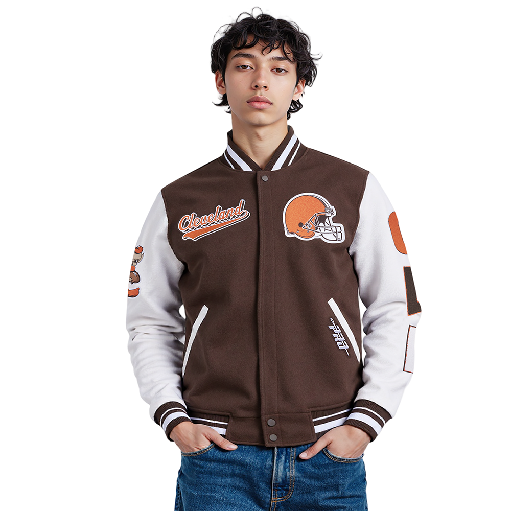 NFL CLEVELAND BROWNS SCRIPT TAIL MEN'S VARSITY JACKET (BROWN/WHITE)