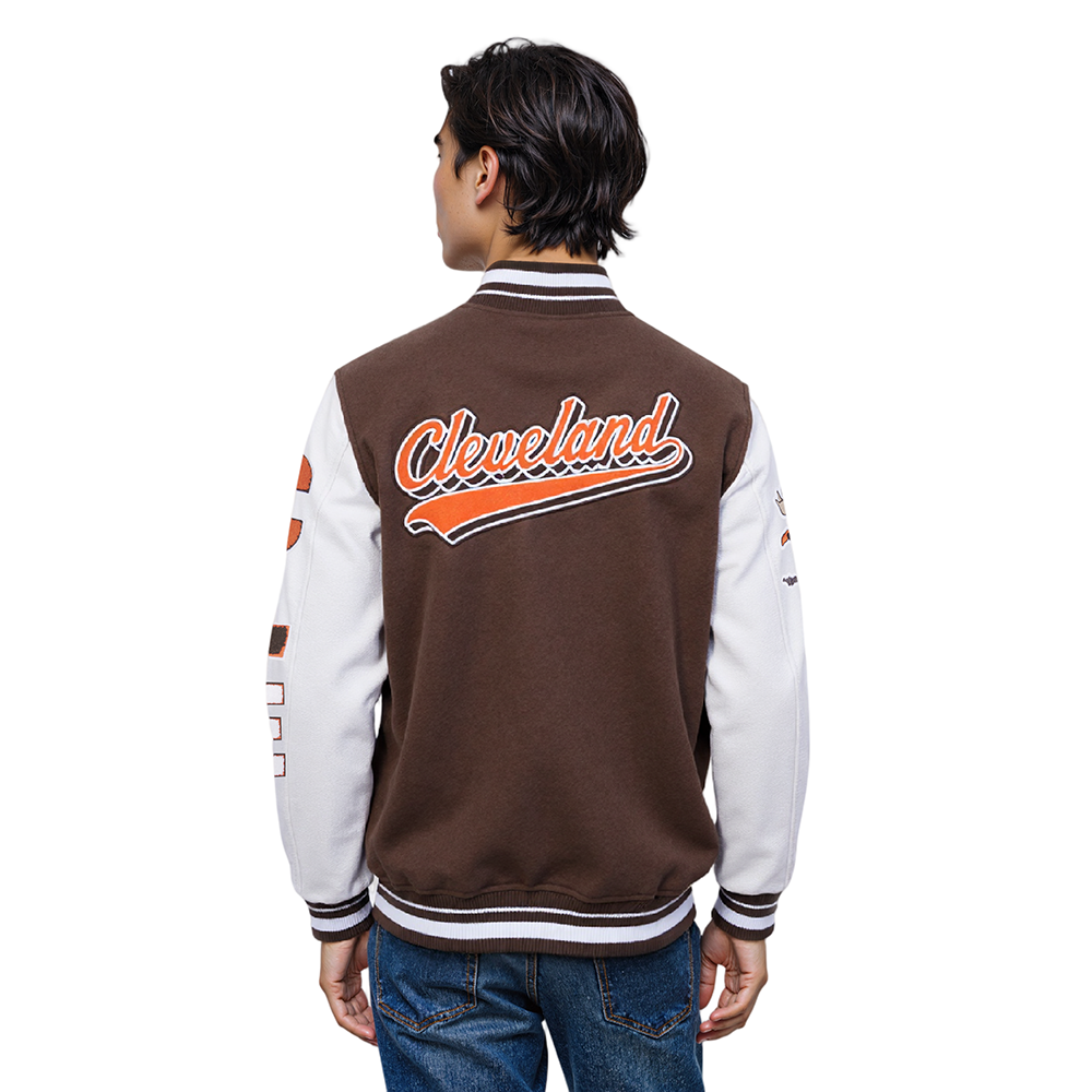 NFL CLEVELAND BROWNS SCRIPT TAIL MEN'S VARSITY JACKET (BROWN/WHITE)