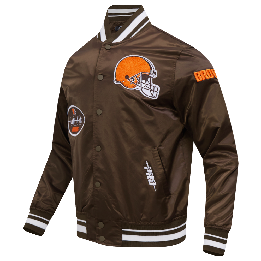 NFL CLEVELAND BROWNS OLD ENGLISH MEN'S RIB SATIN JACKET (BROWN)