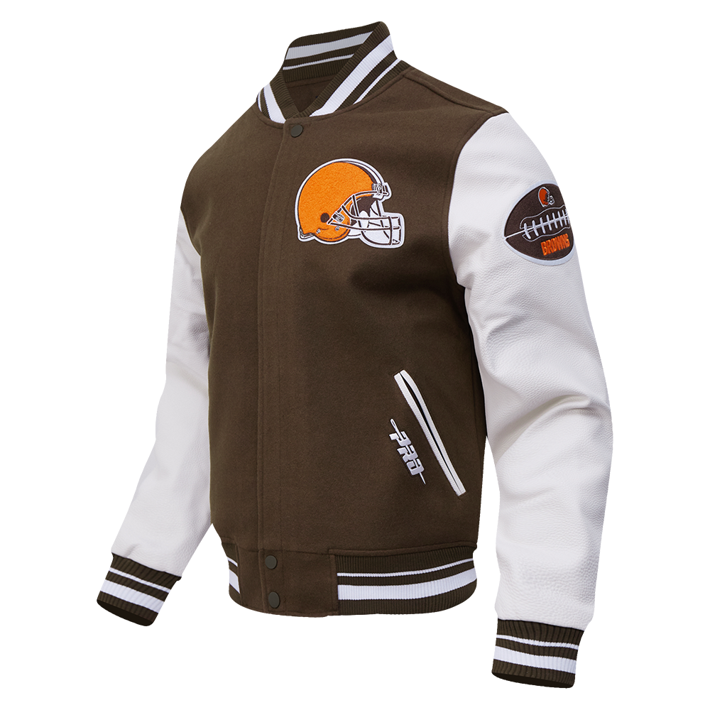 NFL CLEVELAND BROWNS OLD ENGLISH MEN'S RIB WOOL VARSITY JACKET (BROWN/WHITE)