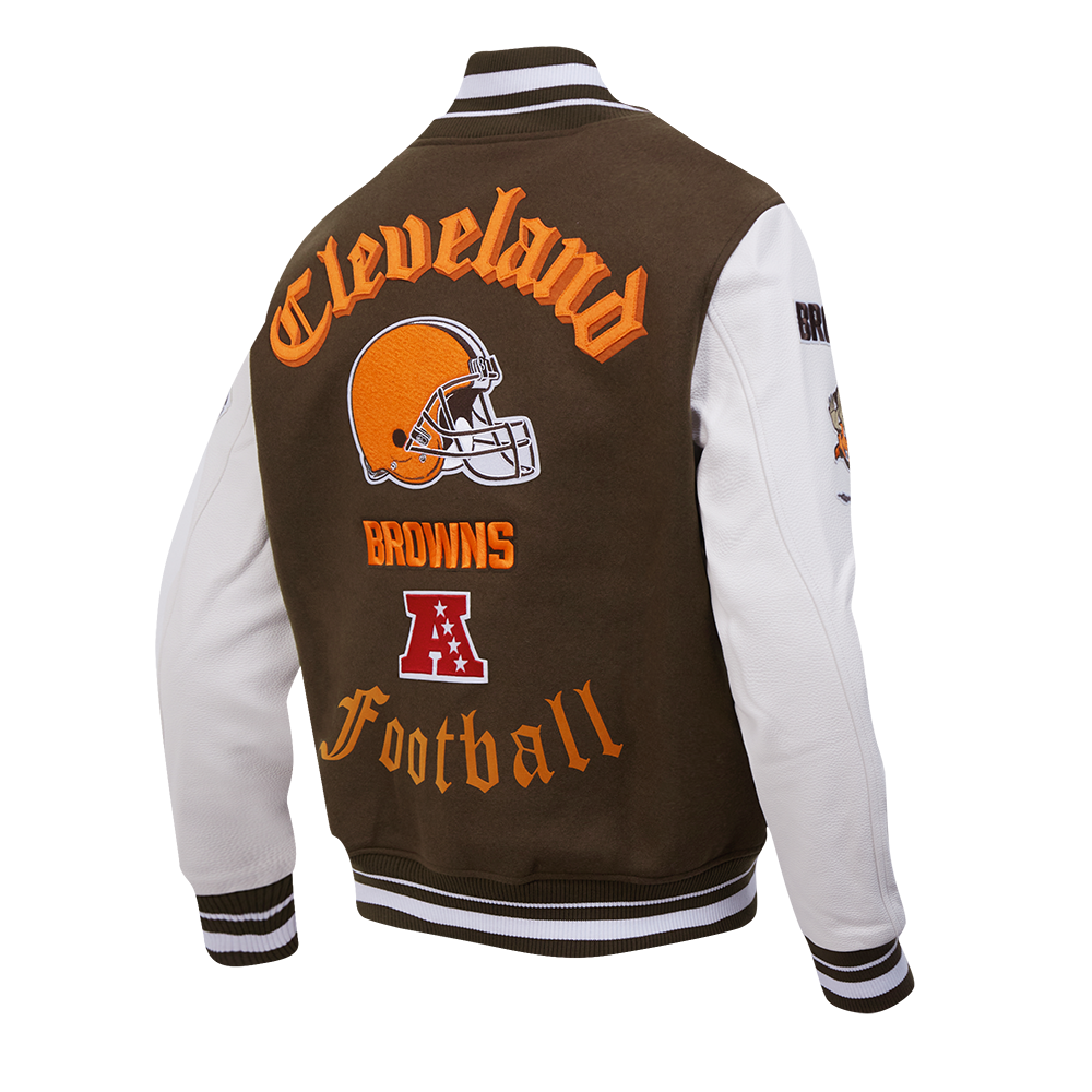 NFL CLEVELAND BROWNS OLD ENGLISH MEN'S RIB WOOL VARSITY JACKET (BROWN/WHITE)