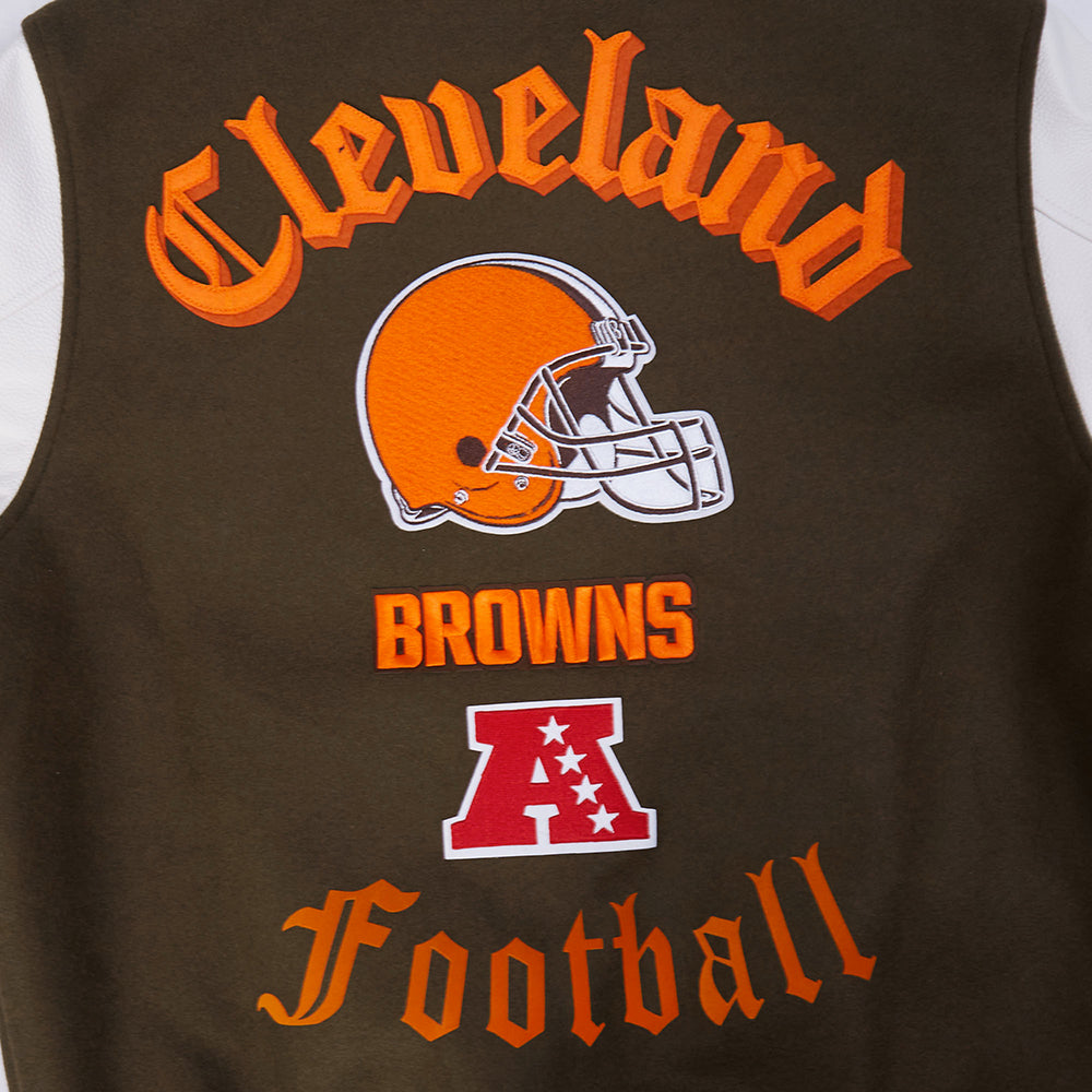 NFL CLEVELAND BROWNS OLD ENGLISH MEN'S RIB WOOL VARSITY JACKET (BROWN/WHITE)