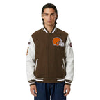 NFL CLEVELAND BROWNS OLD ENGLISH MEN'S RIB WOOL VARSITY JACKET (BROWN/WHITE)