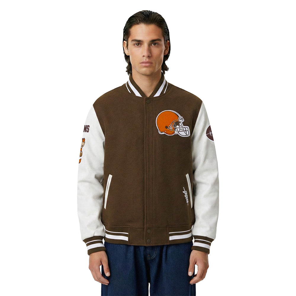 NFL CLEVELAND BROWNS OLD ENGLISH MEN'S RIB WOOL VARSITY JACKET (BROWN/WHITE)