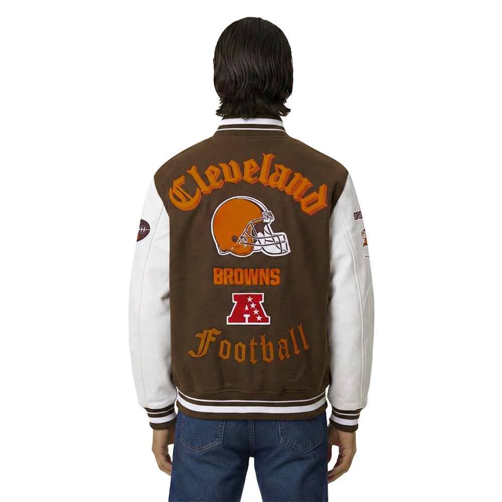 NFL CLEVELAND BROWNS OLD ENGLISH MEN'S RIB WOOL VARSITY JACKET (BROWN/WHITE)