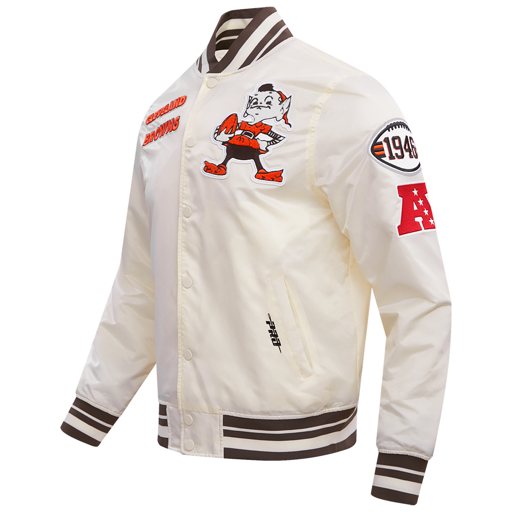 NFL CLEVELAND BROWNS RETRO CLASSIC MEN'S RIB SATIN JACKET (EGGSHELL/ BROWN)