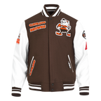 NFL CLEVELAND BROWNS RETRO CLASSIC BLOUSON COLLÉGIAL EN LAINE À BORDS CÔTELÉS POUR HOMME (BRUN/BLANC/BRUN)