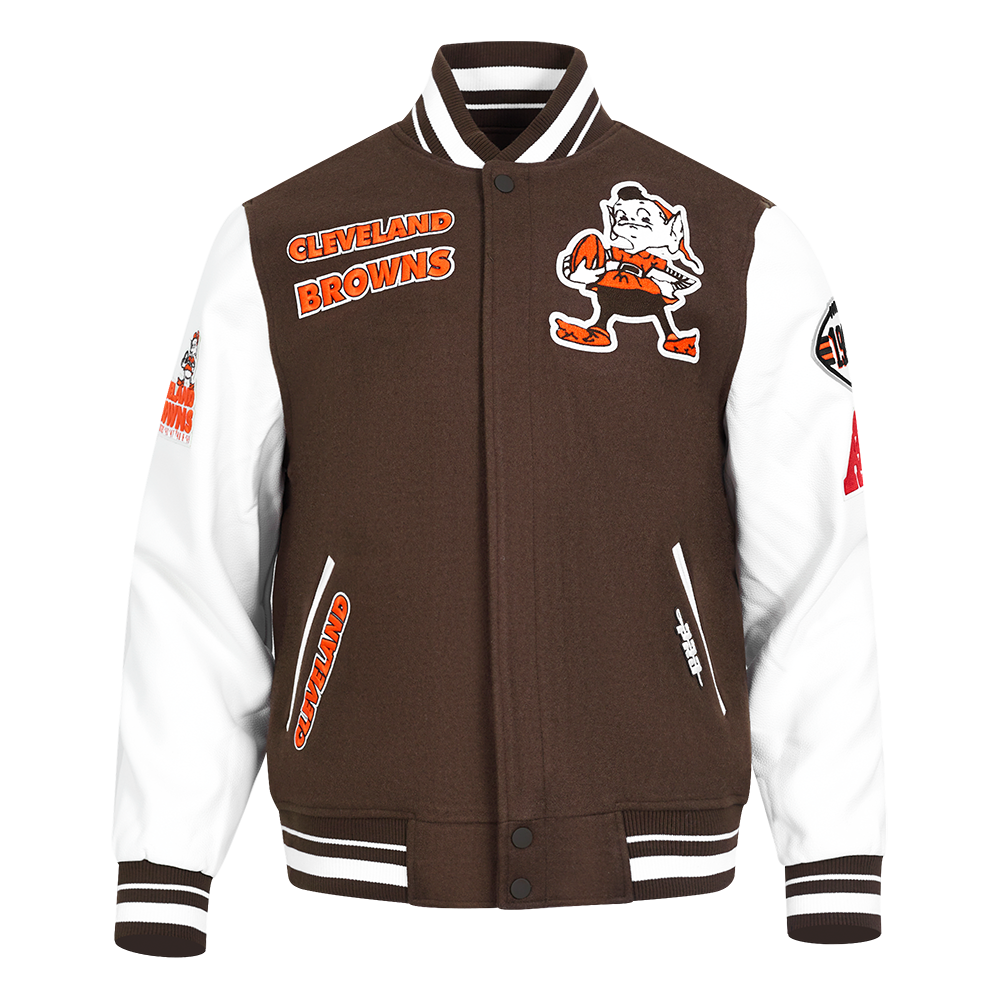 NFL CLEVELAND BROWNS RETRO CLASSIC BLOUSON COLLÉGIAL EN LAINE À BORDS CÔTELÉS POUR HOMME (BRUN/BLANC/BRUN)