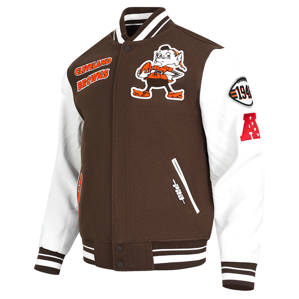 NFL CLEVELAND BROWNS RETRO CLASSIC BLOUSON COLLÉGIAL EN LAINE À BORDS CÔTELÉS POUR HOMME (BRUN/BLANC/BRUN)
