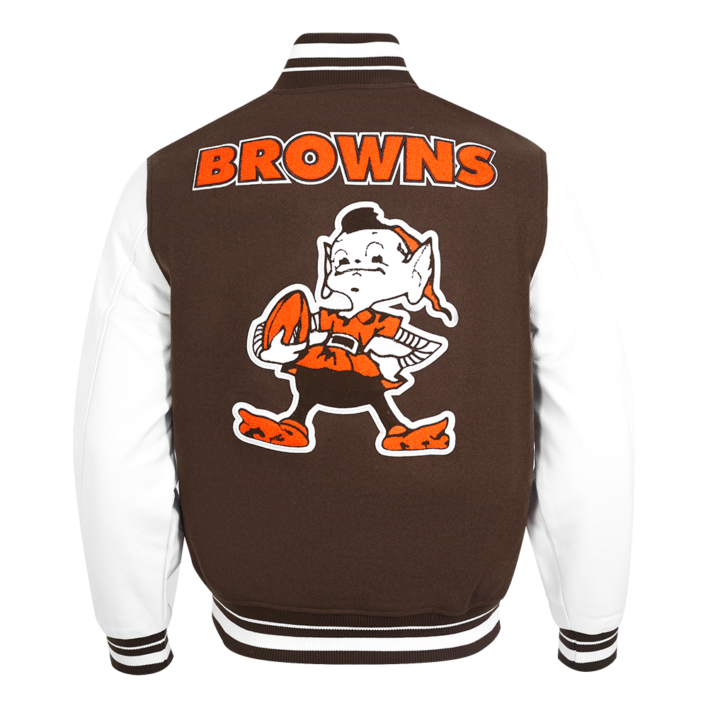 NFL CLEVELAND BROWNS RETRO CLASSIC BLOUSON COLLÉGIAL EN LAINE À BORDS CÔTELÉS POUR HOMME (BRUN/BLANC/BRUN)