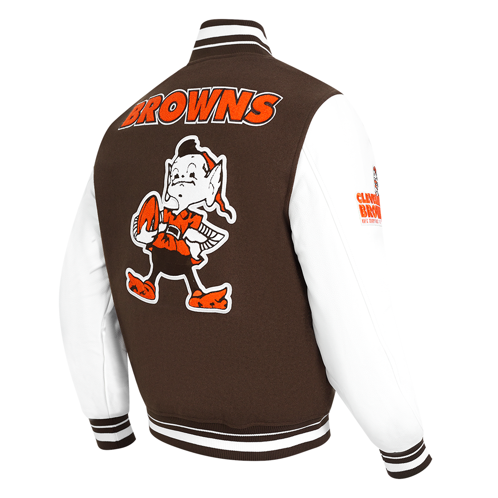 NFL CLEVELAND BROWNS RETRO CLASSIC BLOUSON COLLÉGIAL EN LAINE À BORDS CÔTELÉS POUR HOMME (BRUN/BLANC/BRUN)