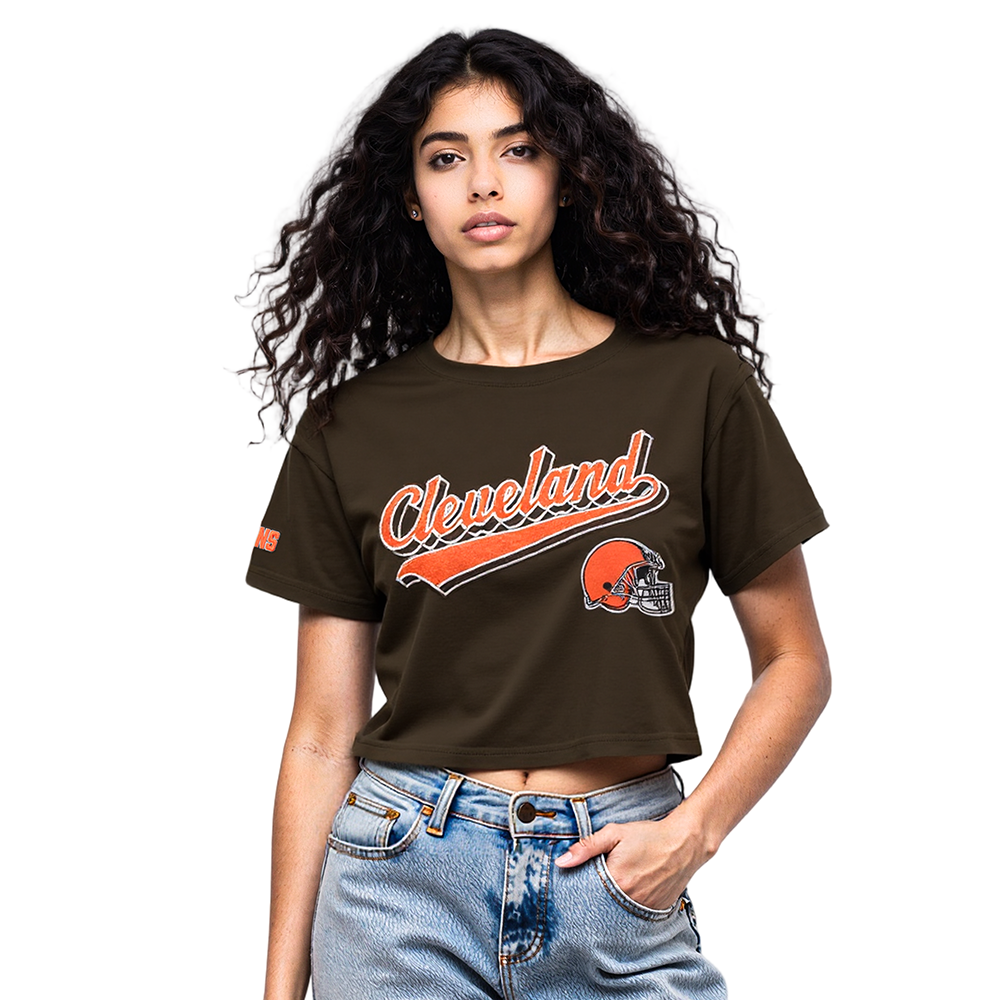 NFL CLEVELAND BROWNS SCRIPT TAIL T-SHIRT EN JERSEY SIMPLE À COUPE CARRÉE POUR FEMME (BRUN)