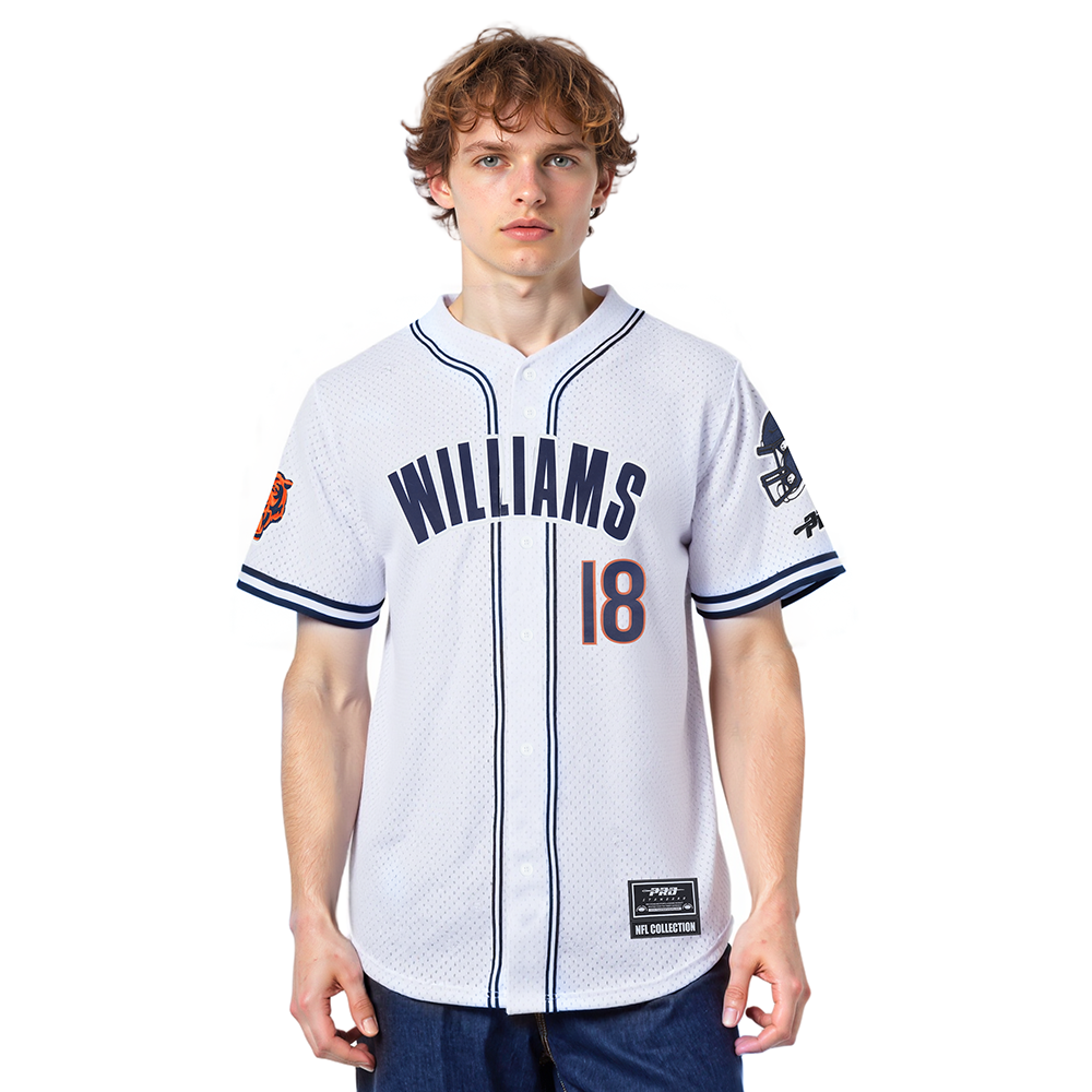 NFL CHICAGO BEARS CALEB WILLIAMS #18 CLASSIC MESH PNN MEN'S MESH BUTTON DOWN SHIRT (WHITE/MIDNIGHT NAVY)