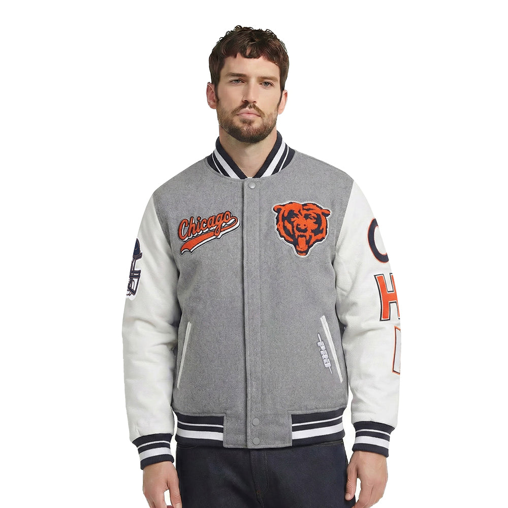 NFL CHICAGO BEARS SCRIPT TAIL MEN'S VARSITY JACKET (HEATHER GREY/WHITE/MIDNIGHT NAVY)