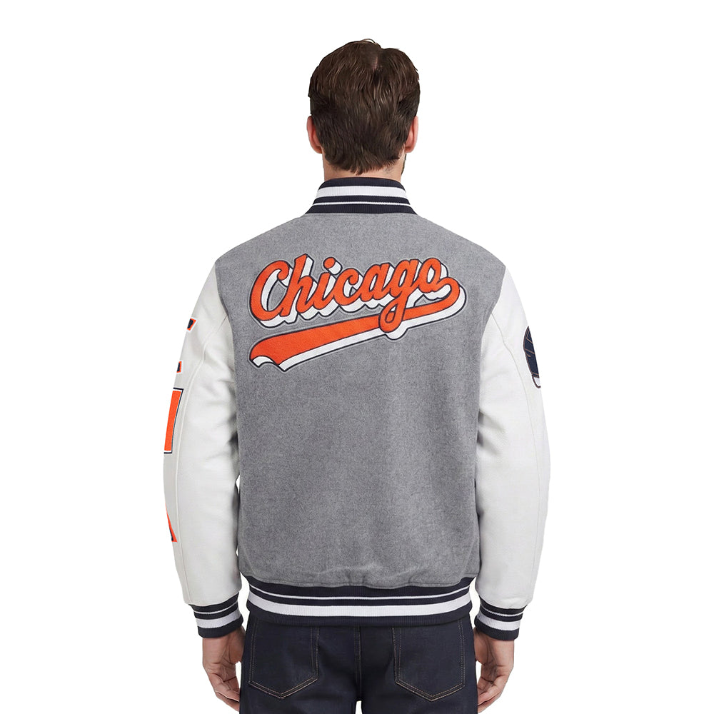 NFL CHICAGO BEARS SCRIPT TAIL MEN'S VARSITY JACKET (HEATHER GREY/WHITE/MIDNIGHT NAVY)