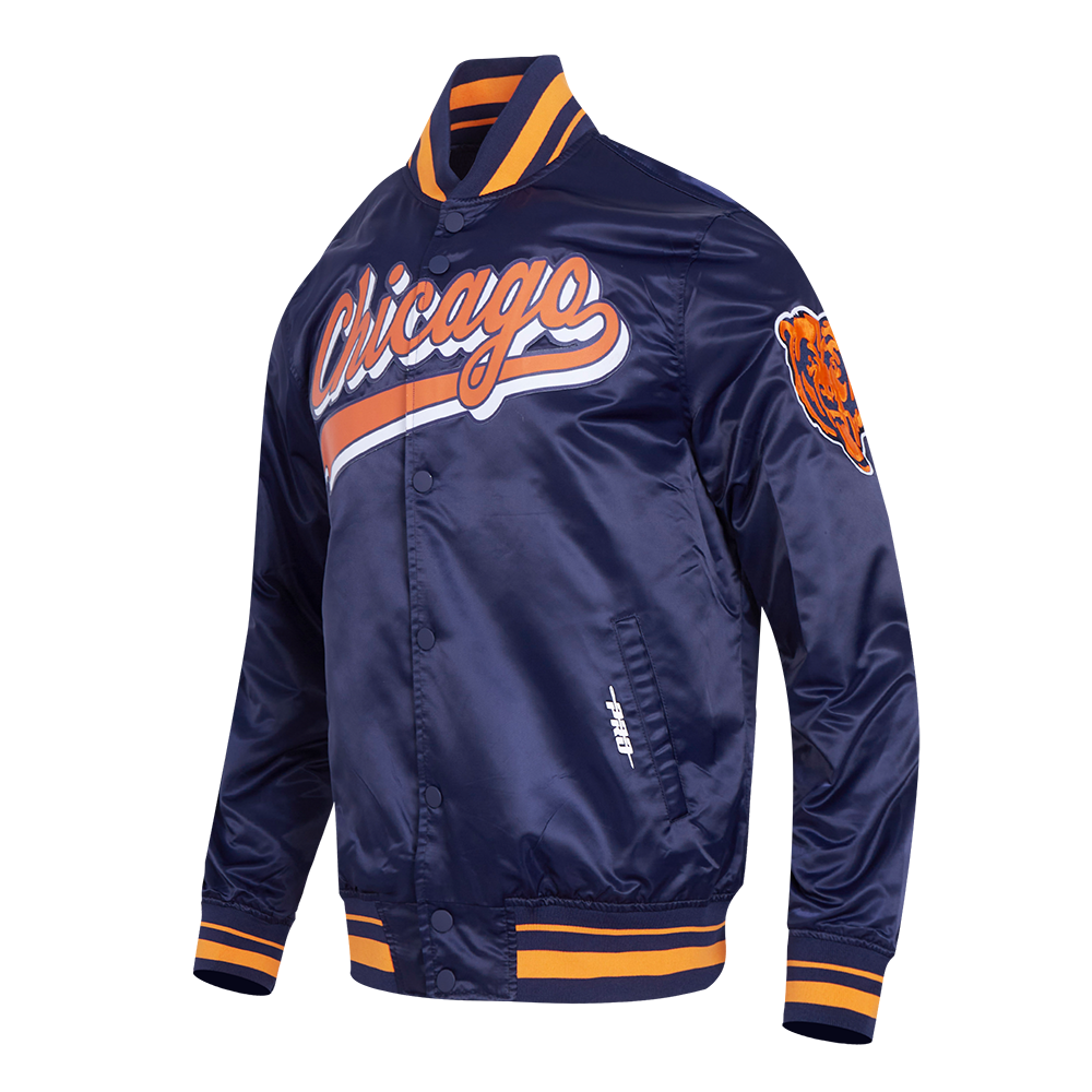 NFL CHICAGO BEARS SCRIPT TAIL MEN'S SATIN JACKET (MIDNIGHT NAVY/ORANGE/MIDNIGHT NAVY)