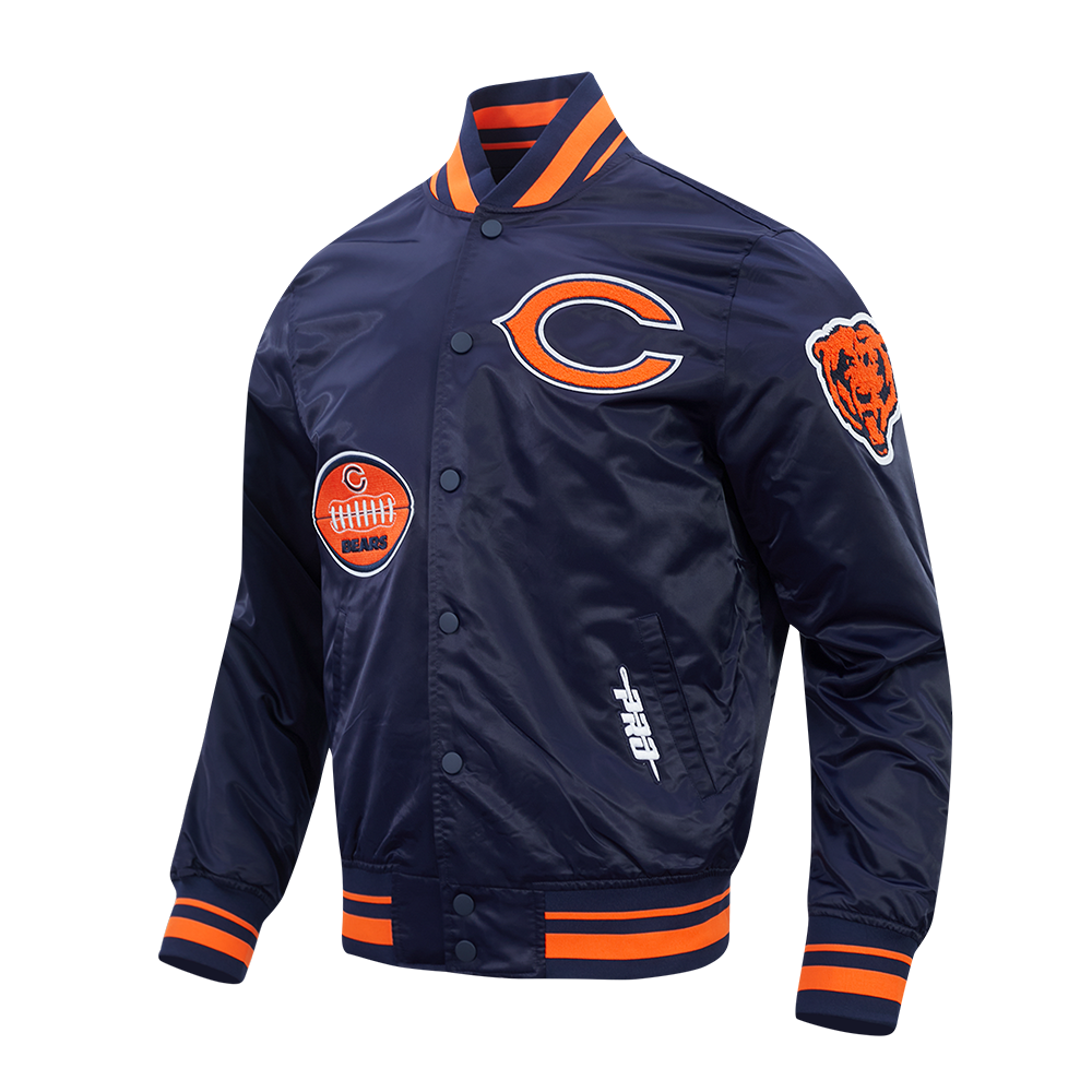 NFL CHICAGO BEARS OLD ENGLISH MEN'S RIB SATIN JACKET (MIDNIGHT NAVY/ORANGE/MIDNIGHT NAVY)