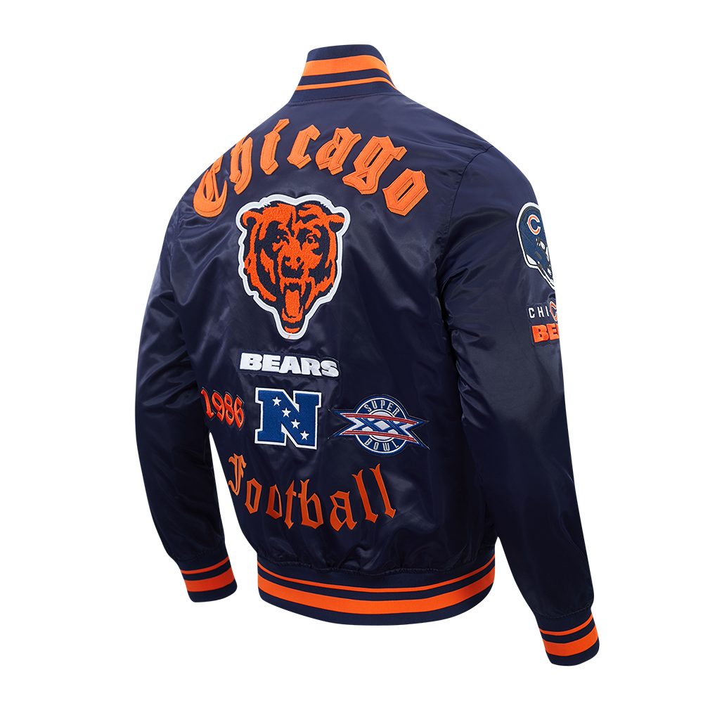 NFL CHICAGO BEARS OLD ENGLISH MEN'S RIB SATIN JACKET (MIDNIGHT NAVY/ORANGE/MIDNIGHT NAVY)