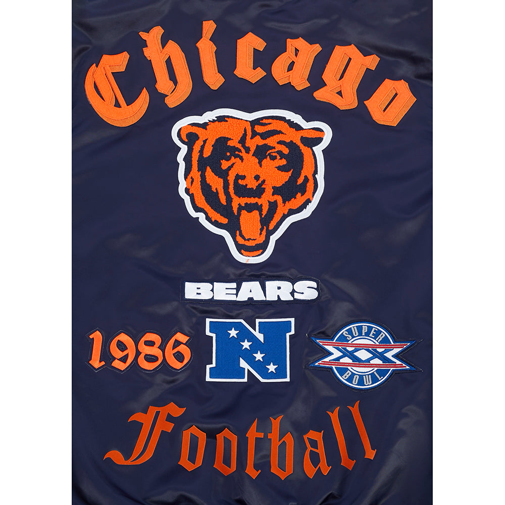 NFL CHICAGO BEARS OLD ENGLISH MEN'S RIB SATIN JACKET (MIDNIGHT NAVY/ORANGE/MIDNIGHT NAVY)