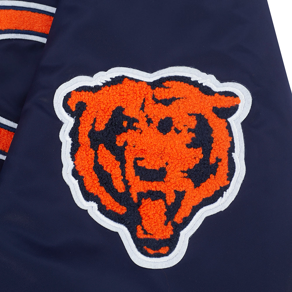 NFL CHICAGO BEARS OLD ENGLISH MEN'S RIB SATIN JACKET (MIDNIGHT NAVY/ORANGE/MIDNIGHT NAVY)