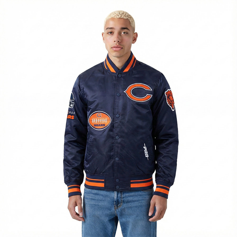 NFL CHICAGO BEARS OLD ENGLISH MEN'S RIB SATIN JACKET (MIDNIGHT NAVY/ORANGE/MIDNIGHT NAVY)