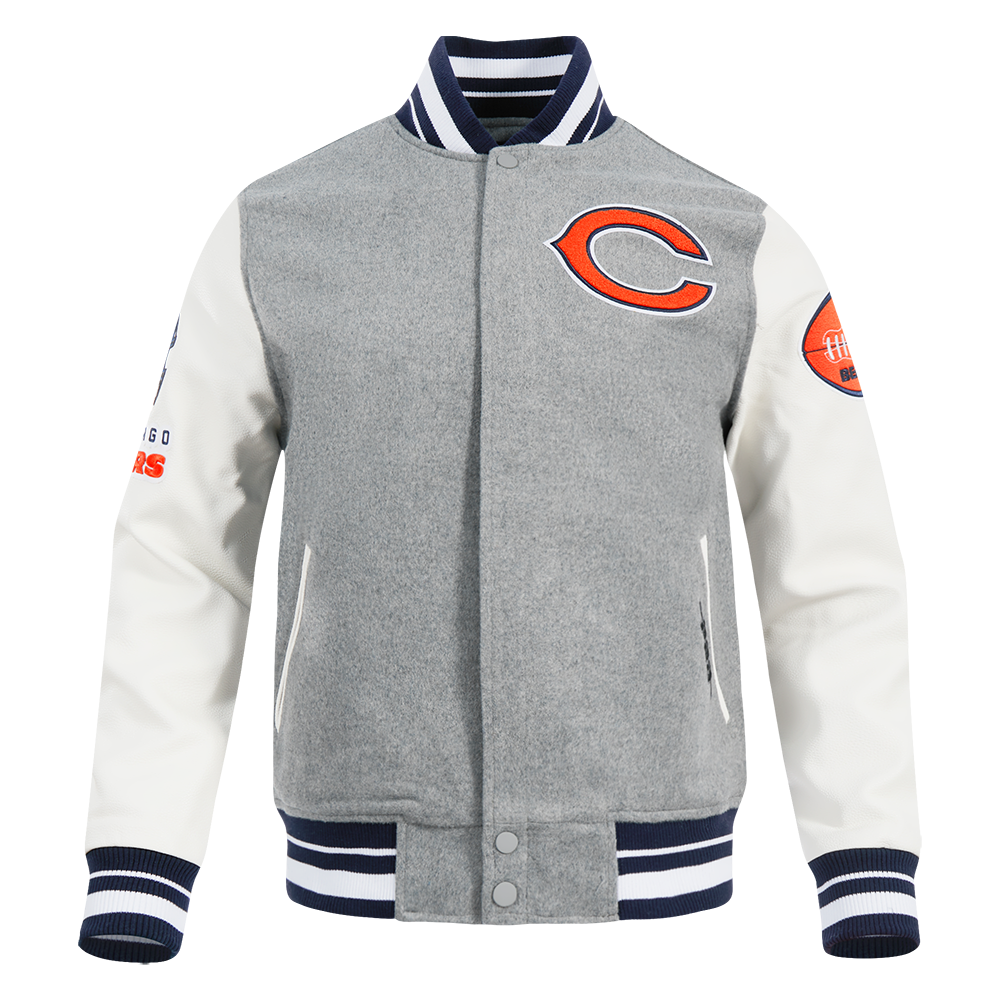 NFL CHICAGO BEARS OLD ENGLISH MEN'S RIB WOOL VARSITY JACKET (HEATHER GREY/WHITE/MIDNIGHT NAVY)