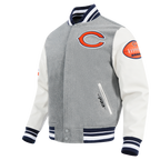 NFL CHICAGO BEARS OLD ENGLISH BLOUSON COLLÉGIAL EN LAINE À BORDS CÔTELÉS POUR HOMME (GRIS CHINÉ/BLANC/MARINE MINUIT)