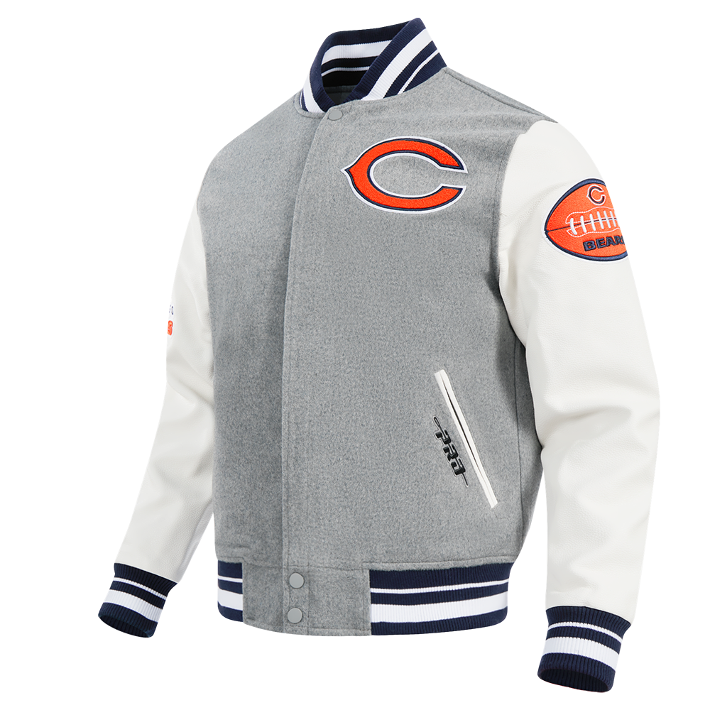 NFL CHICAGO BEARS OLD ENGLISH MEN'S RIB WOOL VARSITY JACKET (HEATHER GREY/WHITE/MIDNIGHT NAVY)