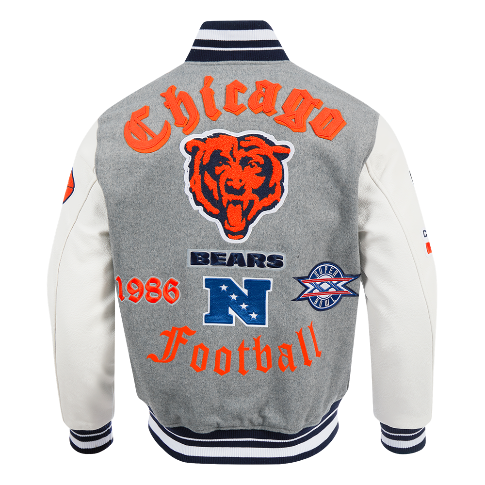 NFL CHICAGO BEARS OLD ENGLISH BLOUSON COLLÉGIAL EN LAINE À BORDS CÔTELÉS POUR HOMME (GRIS CHINÉ/BLANC/MARINE MINUIT)