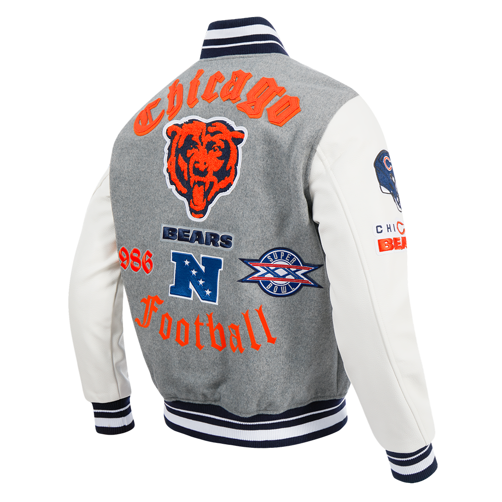 NFL CHICAGO BEARS OLD ENGLISH BLOUSON COLLÉGIAL EN LAINE À BORDS CÔTELÉS POUR HOMME (GRIS CHINÉ/BLANC/MARINE MINUIT)
