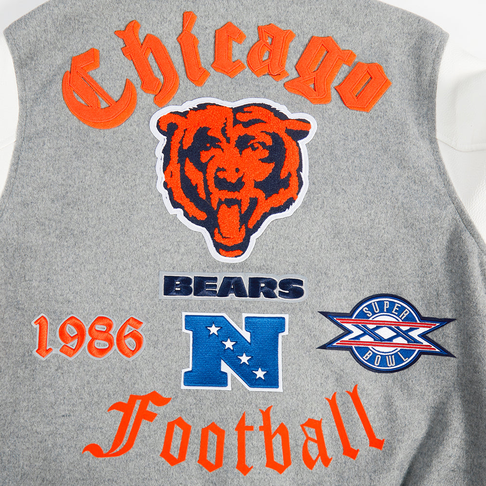 NFL CHICAGO BEARS OLD ENGLISH BLOUSON COLLÉGIAL EN LAINE À BORDS CÔTELÉS POUR HOMME (GRIS CHINÉ/BLANC/MARINE MINUIT)