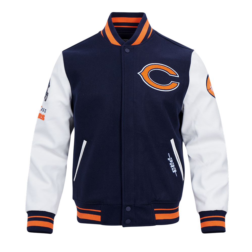 NFL CHICAGO BEARS OLD ENGLISH MEN'S RIB WOOL VARSITY JACKET (MIDNIGHT NAVY/ORANGE/MIDNIGHT NAVY)