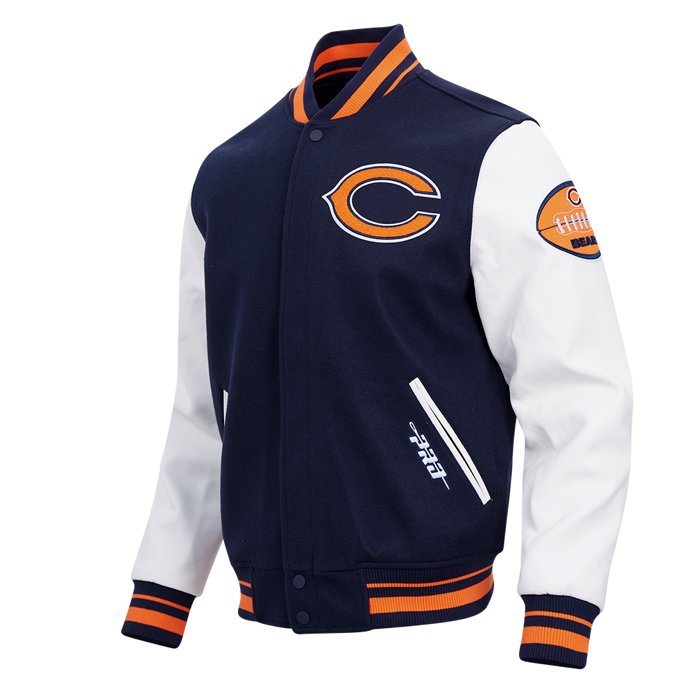 NFL CHICAGO BEARS OLD ENGLISH MEN'S RIB WOOL VARSITY JACKET (MIDNIGHT NAVY/ORANGE/MIDNIGHT NAVY)