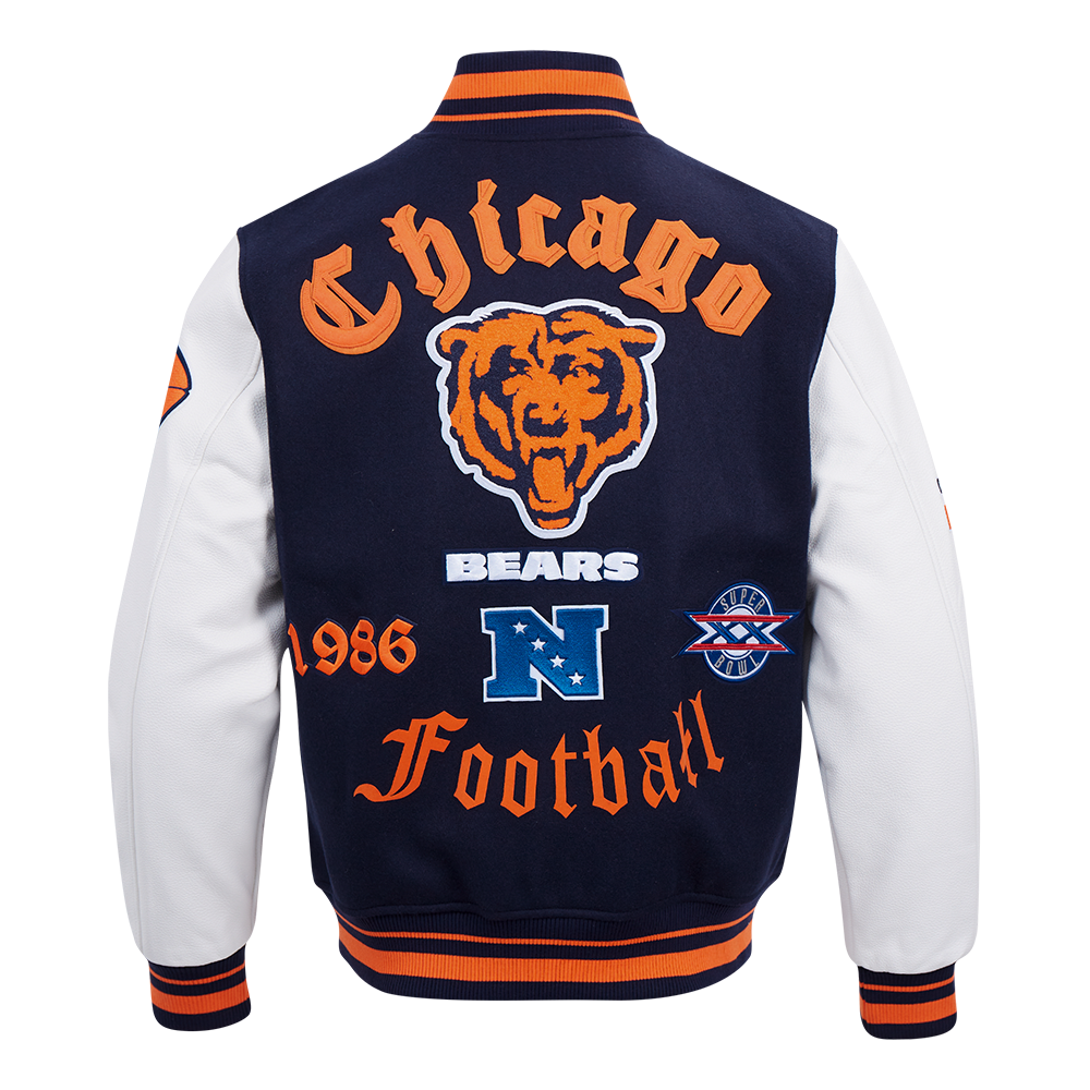 NFL CHICAGO BEARS OLD ENGLISH MEN'S RIB WOOL VARSITY JACKET (MIDNIGHT NAVY/ORANGE/MIDNIGHT NAVY)