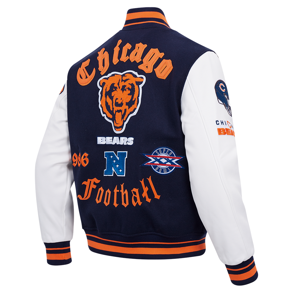 NFL CHICAGO BEARS OLD ENGLISH MEN'S RIB WOOL VARSITY JACKET (MIDNIGHT NAVY/ORANGE/MIDNIGHT NAVY)