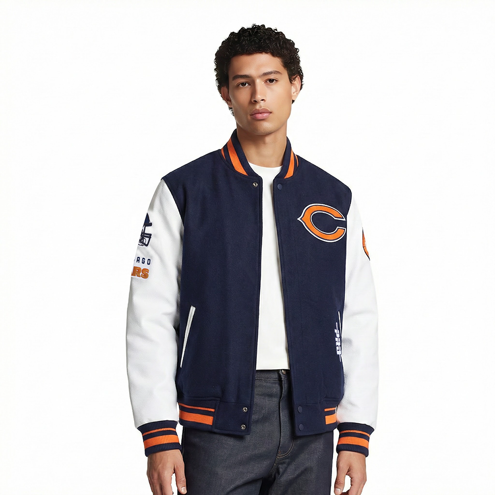 NFL CHICAGO BEARS OLD ENGLISH MEN'S RIB WOOL VARSITY JACKET (MIDNIGHT NAVY/ORANGE/MIDNIGHT NAVY)