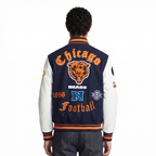 NFL CHICAGO BEARS OLD ENGLISH MEN'S RIB WOOL VARSITY JACKET (MIDNIGHT NAVY/ORANGE/MIDNIGHT NAVY)