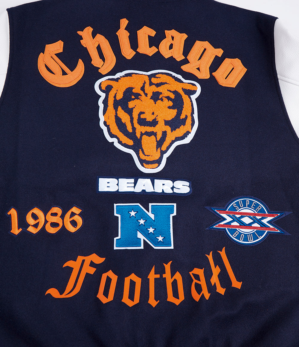NFL CHICAGO BEARS OLD ENGLISH MEN'S RIB WOOL VARSITY JACKET (MIDNIGHT NAVY/ORANGE/MIDNIGHT NAVY)