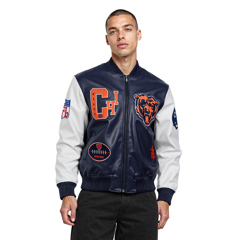 NFL CHICAGO BEARS BEST OF BLOUSON COLLÉGIAL EN CUIR POUR HOMME (MARINE MINUIT/BLANC)