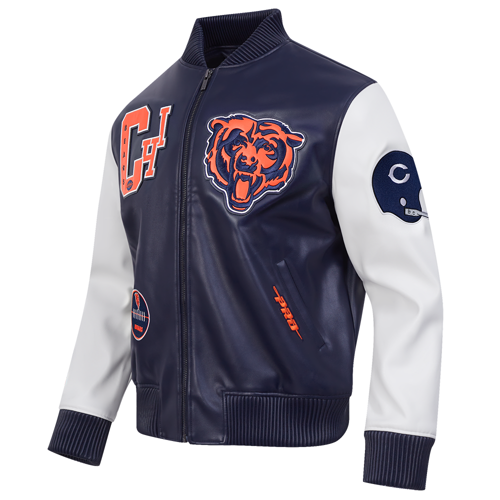 NFL CHICAGO BEARS BEST OF BLOUSON COLLÉGIAL EN CUIR POUR HOMME (MARINE MINUIT/BLANC)