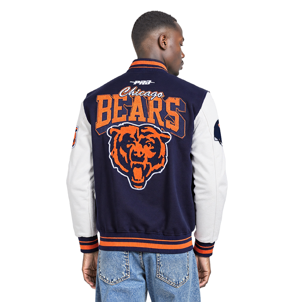 NFL CHICAGO BEARS TEAM BADGE BLOUSON COLLÉGIAL EN LAINE À BORDS CÔTELÉS POUR HOMME (MARINE MINUIT/ORANGE/MARINE MINUIT)