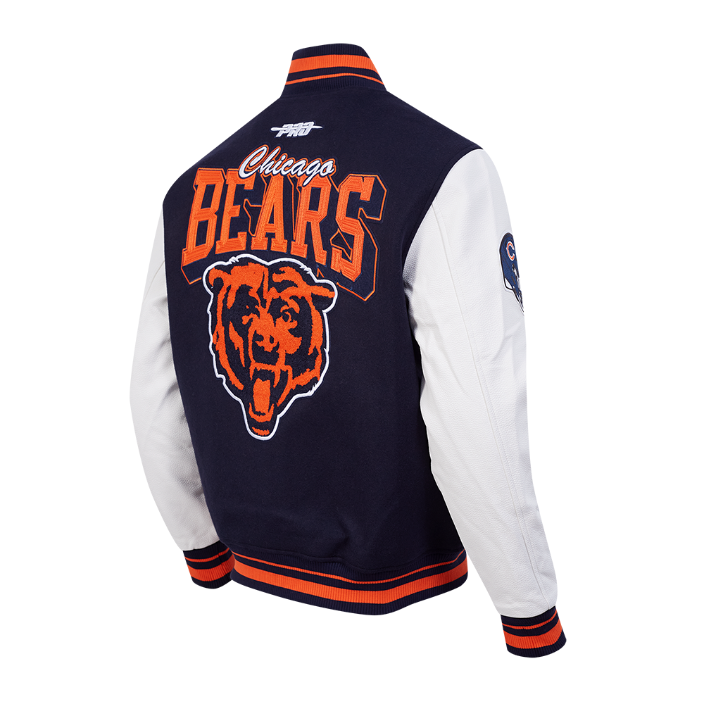 NFL CHICAGO BEARS TEAM BADGE BLOUSON COLLÉGIAL EN LAINE À BORDS CÔTELÉS POUR HOMME (MARINE MINUIT/ORANGE/MARINE MINUIT)