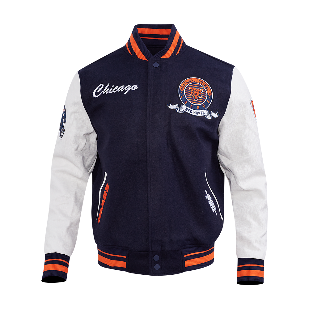 NFL CHICAGO BEARS TEAM BADGE BLOUSON COLLÉGIAL EN LAINE À BORDS CÔTELÉS POUR HOMME (MARINE MINUIT/ORANGE/MARINE MINUIT)