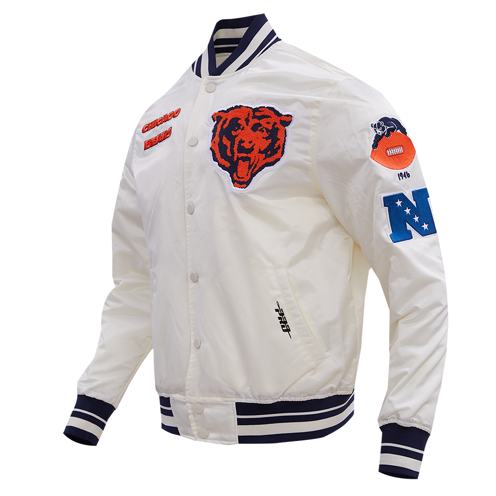 NFL CHICAGO BEARS RETRO CLASSIC MEN'S RIB SATIN JACKET (EGGSHELL/ MIDNIGHT NAVY)