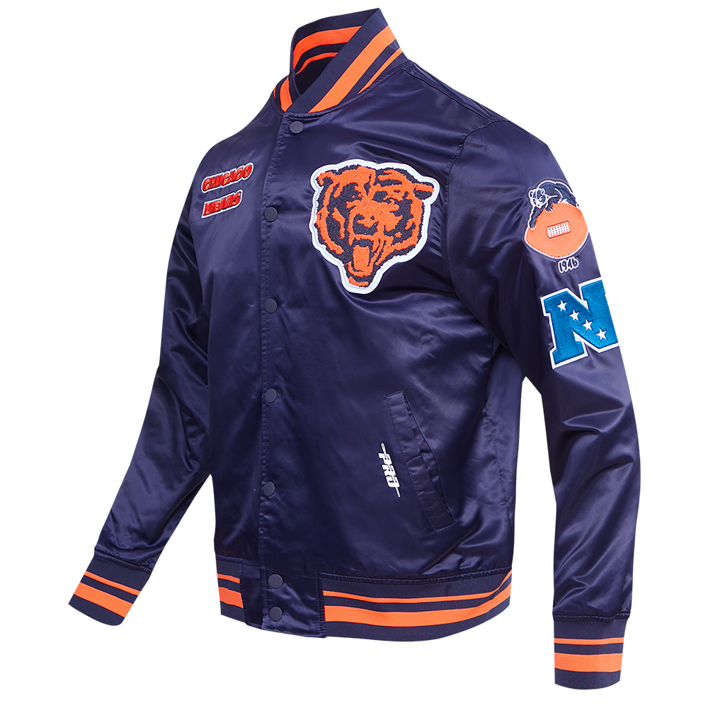 NFL CHICAGO BEARS RETRO CLASSIC MEN'S RIB SATIN JACKET (MIDNIGHT NAVY/ORANGE/MIDNIGHT NAVY)