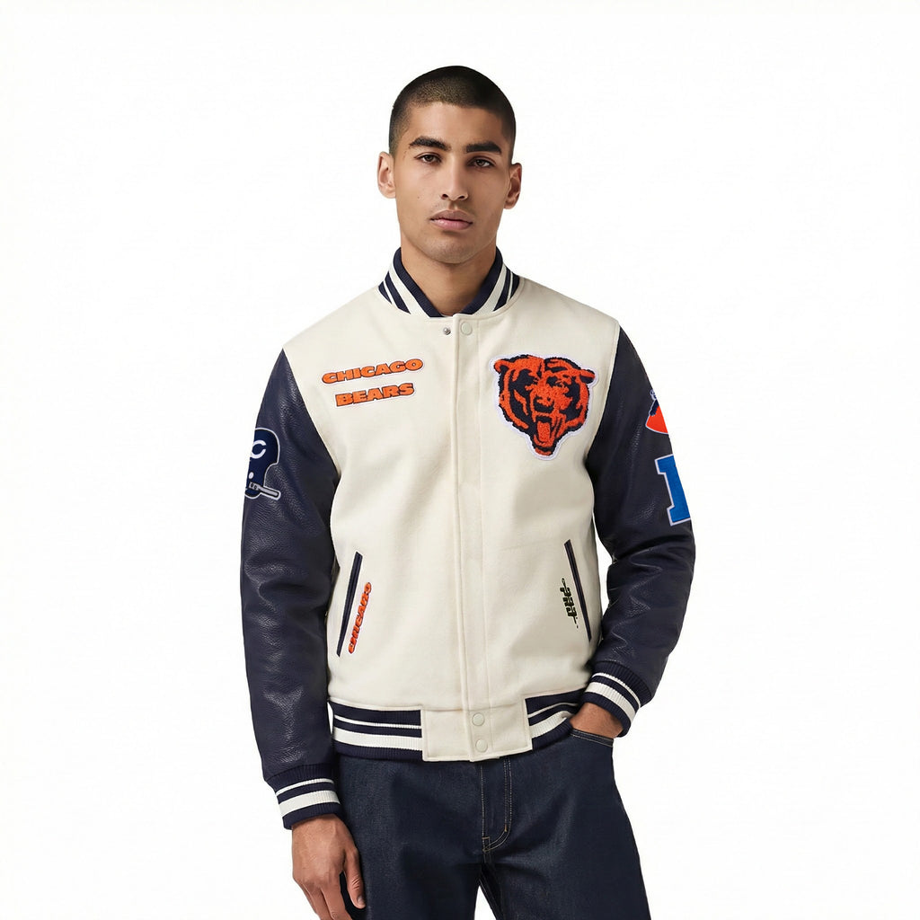 NFL CHICAGO BEARS RETRO CLASSIC BLOUSON COLLÉGIAL EN LAINE À BORDS CÔTELÉS POUR HOMME (COQUILLE D'ŒUF/MARINE MINUIT)