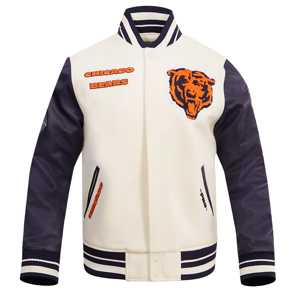 NFL CHICAGO BEARS RETRO CLASSIC BLOUSON COLLÉGIAL EN LAINE À BORDS CÔTELÉS POUR HOMME (COQUILLE D'ŒUF/MARINE MINUIT)