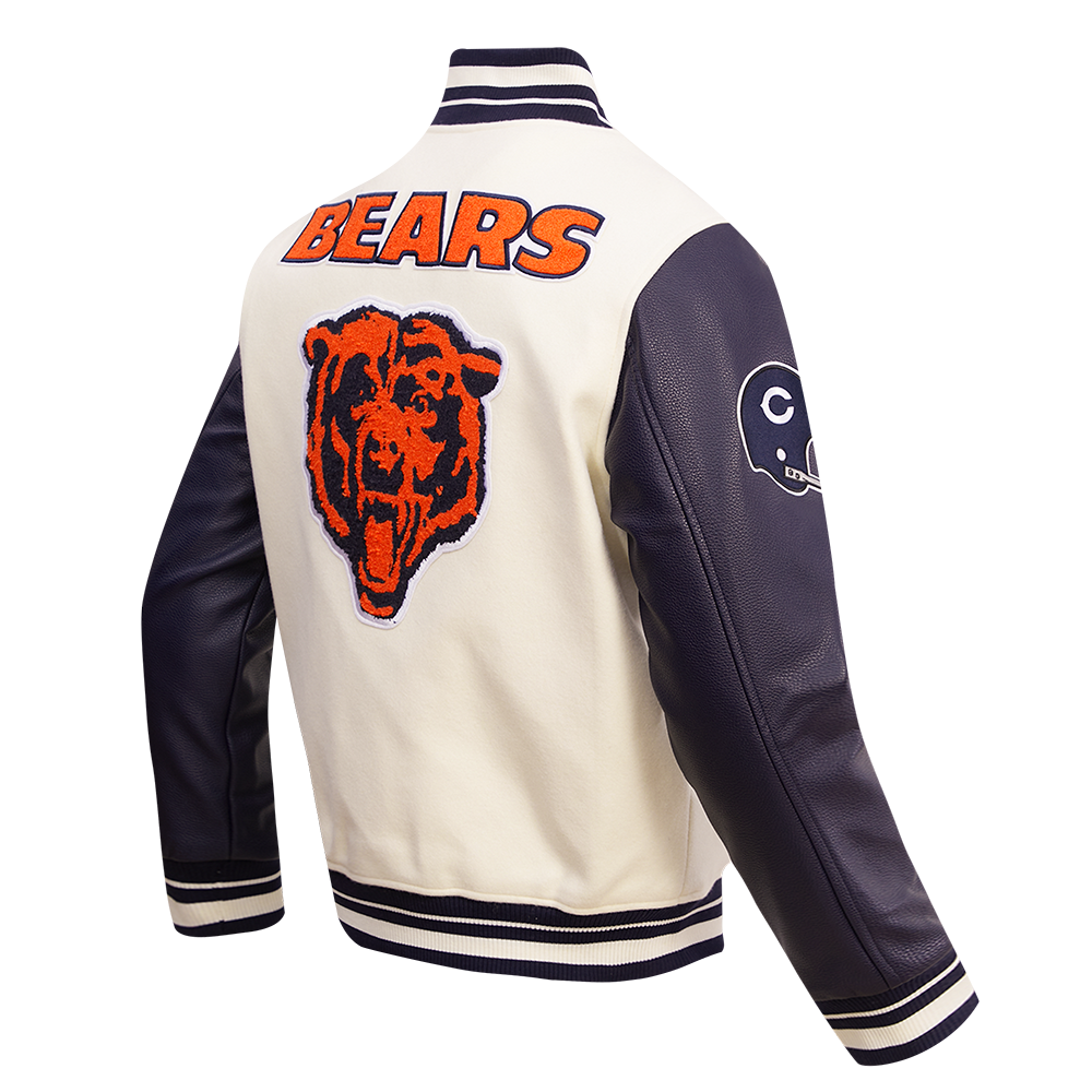 NFL CHICAGO BEARS RETRO CLASSIC BLOUSON COLLÉGIAL EN LAINE À BORDS CÔTELÉS POUR HOMME (COQUILLE D'ŒUF/MARINE MINUIT)