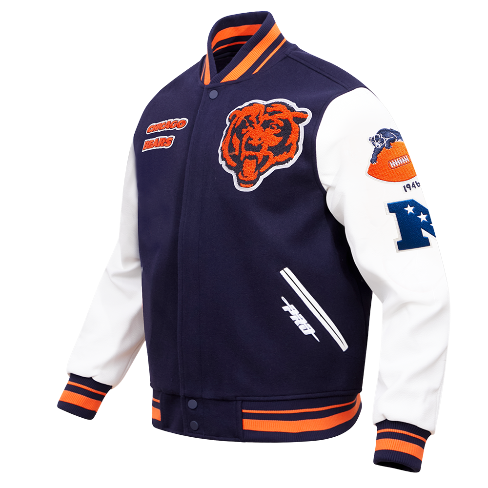 NFL CHICAGO BEARS RETRO CLASSIC MEN'S RIB WOOL VARSITY JACKET (MIDNIGHT NAVY/ORANGE/MIDNIGHT NAVY)